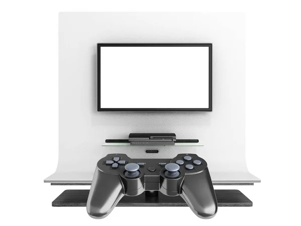 多人游戏在控制台上的控制台概念在电视背景3D 渲染上的两个操纵杆的插图没有阴影 — 图库照片