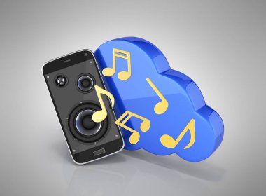 Müzikal smartphone cep telefonu müzik app cep telefonu ve hoparlörler ile bulut bulut depolama gri degrade Tarih kavramı arka plan 3d