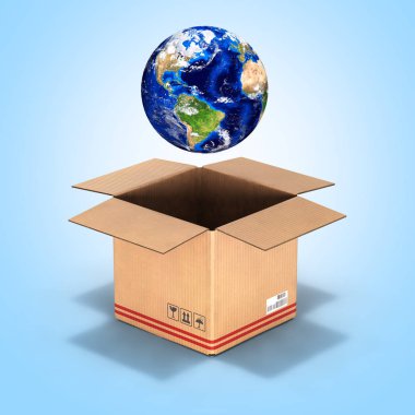 Dünya üzerinde mavi degrade bir karton kutu içinde arka plan 3d