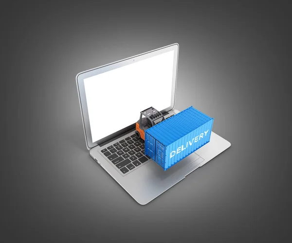 Delivery concept Cargo container with a forklift placed on a laptop isolated on black gradient background 3d