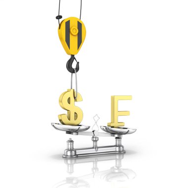 Kavram Döviz Kuru destek doları vs Frangı vinç dolar yanaşıyor ve Frangı yansıması ile beyaz arka plan üzerinde düşürür 3d