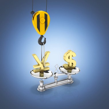 Döviz Kuru destek doları vs euro kavramı Vinç yukarı çeker yen ve dolar üzerinde düşürür koyu mavi degrade arka plan 3d