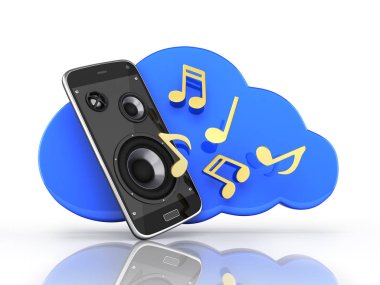 Müzikal smartphone cep telefonu müzik app cep telefonu ve 3d arka plan bulut beyaz bulut depolama kavramı ile hoparlörler