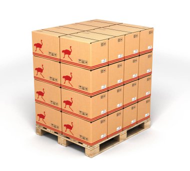 Ahşap palet üzerinde beyaz izole karton kutuları arka plan 3d