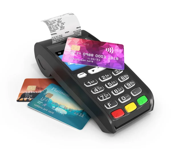 支払領収書の概念 Pos 端末をタッチして登録したクレジット カード それは白い背景の レンダリングに孤立 — ストック写真