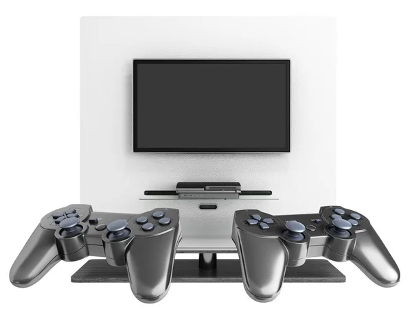 控制台上的多人游戏概念在没有阴影三维渲染的电视背景上的操纵杆插图 — 图库照片