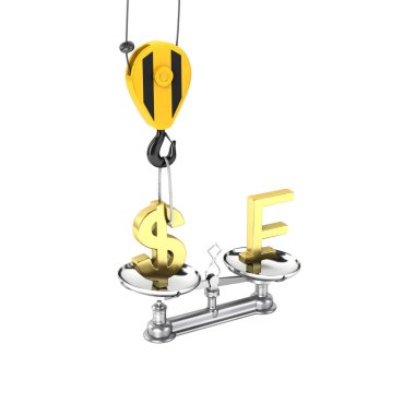 Kavramı vinç dolar yanaşıyor ve düşürür Döviz Kuru destek doları vs Frangı Frangı Beyaz arka plan gölge olmadan 3d