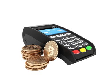 POS terminal üzerinde beyaz arka plan 3d render gölge olmadan izole bitcoins ile ödeme bitcoins kavramı ile