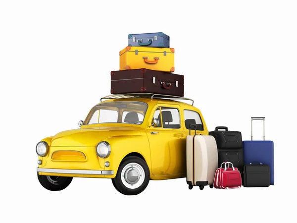 Little retro car with suitcases and bags, travel concept witout shadows 3d