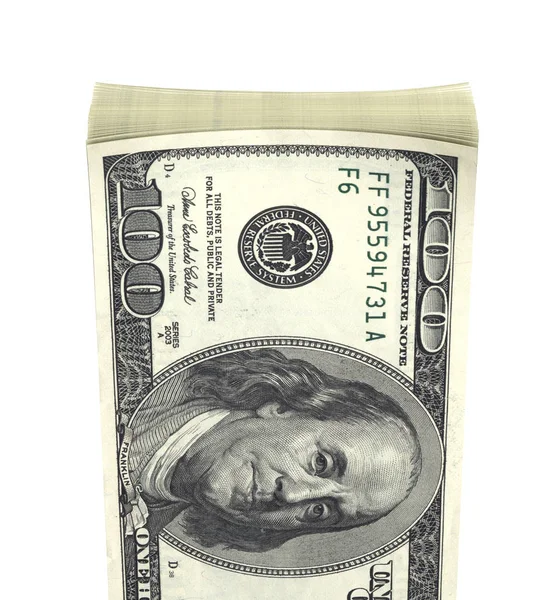 Детальная Пушистая Стопка Денег Американские Стодолларовые Купюры Изолированы Белом Фоне — стоковое фото