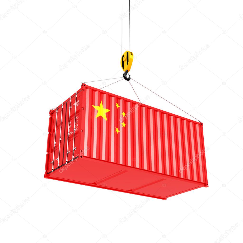 Cargo shipping container with the Chinese flag oncept of delivery from China on white background