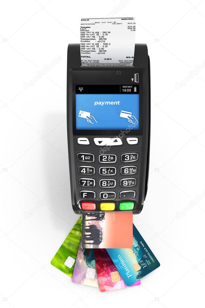 card payment terminal POS terminal with credit cards and receipt top view isolated on white background 3d render