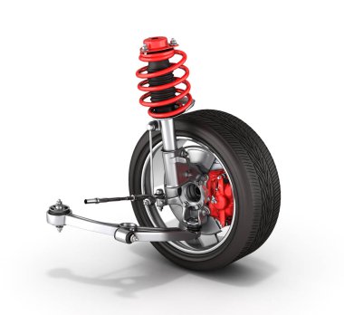 süspansiyon üzerinde beyaz izole tekerleği ile otomobilin arka plan 3d