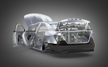 vücut araba ile hiçbir tekerlek üzerinde gri degrade arka plan 3d