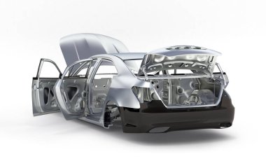 vücut araba ile hiçbir tekerlek üzerinde beyaz arka plan 3d