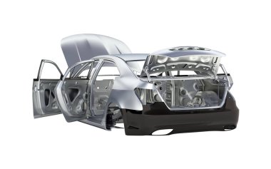 vücut araba ile hiçbir tekerlek üzerinde beyaz arka plan gölge olmadan 3d