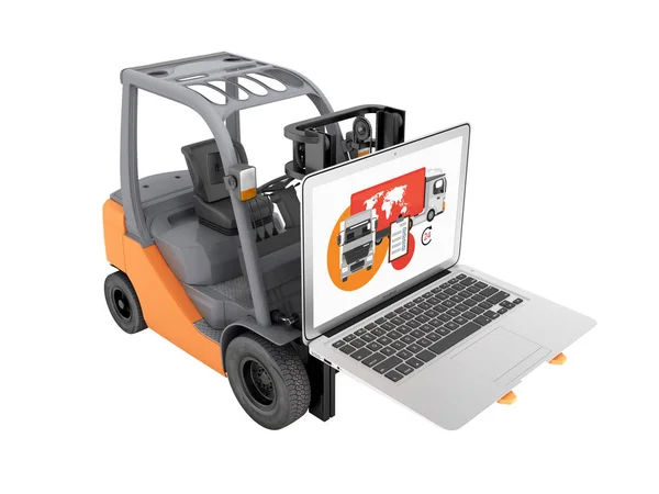 Yükleme Dağıtım Lojistik Forklift Asansörleri Laptop Üzerinde Beyaz Izole Kavramı — Stok fotoğraf