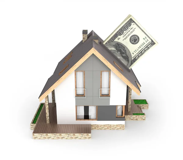 Έννοια Αγοράς Πληρωμής Για Στέγαση Σπίτι Μια Στοίβα Από Χρήματα — Φωτογραφία Αρχείου