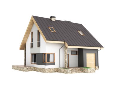 Beyaz arka plan üzerinde 3d render izole gölge olmadan bir garaj ile modern bir ev çizimi
