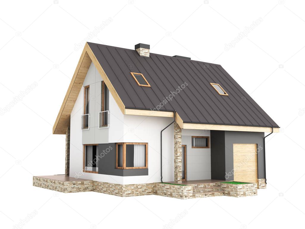 Illustration of a modern house with a garage without shadow isolated on white background 3d render