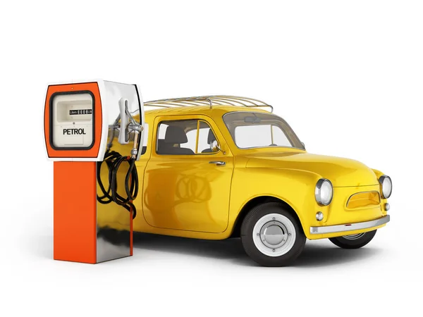 Coche Retro Pie Gasolinera Ilustración Repostaje Coches Sobre Fondo Blanco — Foto de Stock