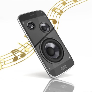 Müzikal smartphone cep telefonu müzik app cep telefonu ve beyaz üzerine notlar ile 3d arka plan hoparlörler