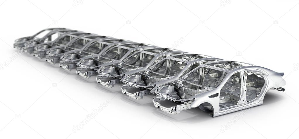Car bodies lined up in a row isolated on white background 3d illustration with blur