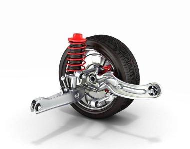 süspansiyon üzerinde beyaz izole tekerleği ile otomobilin arka plan 3d
