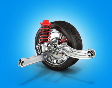 süspansiyon arabanın ile tekerlek üzerinde mavi arka plan 3d