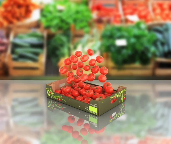 Tomatoes Fall Box Market Background Reflection — Stock Photo, Image