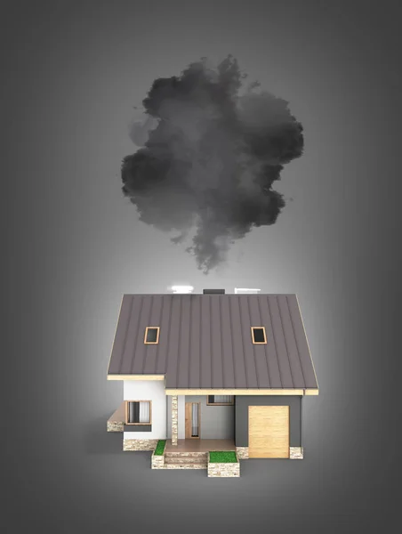 生态概念废气污染的例证现代住宅在黑色梯度背景下分离出大量烟雾3D — 图库照片