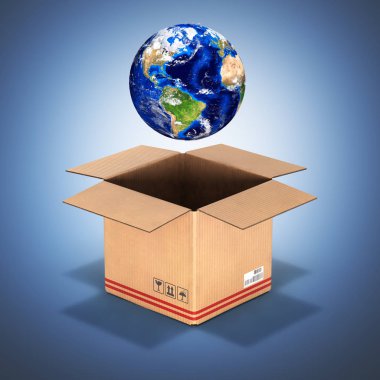 Dünya üzerinde koyu mavi degrade bir karton kutu içinde arka plan 3d