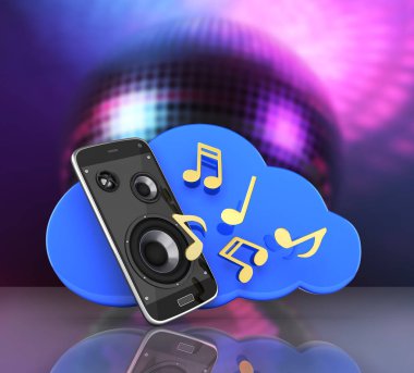 3d arka plan müzik smartphone cep telefonu müzik app cep telefonu ve bulut bulut depolama disko topu üzerinde kavramı ile hoparlörler 