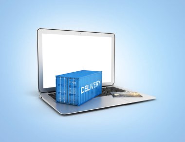 Teslimat kavramı kargo konteyner kredi kartıyla yerleştirilen mavi degrade izole bir dizüstü bilgisayarda arka plan 3d