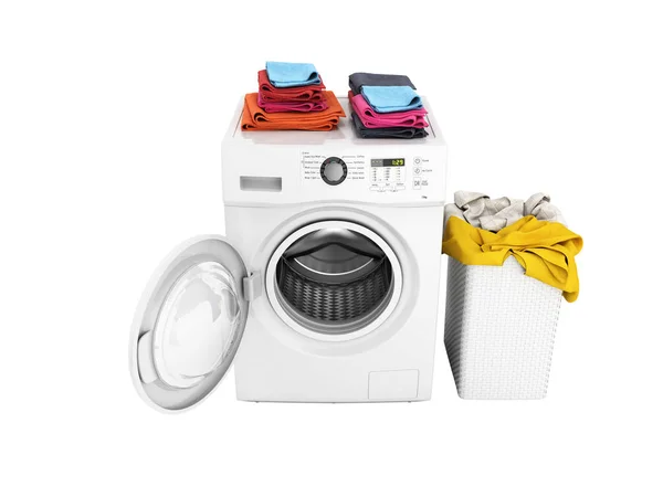 Concept Van Wassen Kleding Wasmachine Met Een Open Deur Handdoeken — Stockfoto