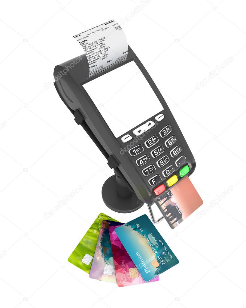 card payment terminal POS terminal with credit cards and receipt top view isolated on white background 3d render without shadow