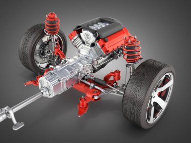 Süspansiyon arabanın ile tekerlek ve motor şasi üzerinde siyah degrade izole ayrıntılı arka plan 3d