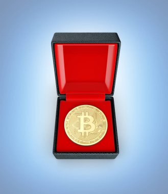 Bitcoin 3d izometrik fiziksel para mavi degrade arka plan 3d resimde bir hediye kutusunda