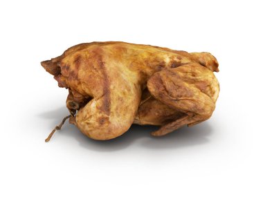 Beyaz arka plan üzerinde 3d render izole kavrulmuş tavuk yan görünüm