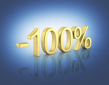 Altın metin yüzde 100 kapalı olarak yansıması 3d render ile koyu mavi degrade arka plan