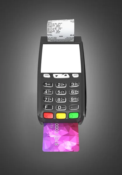 卡支付终端与一个空的屏幕 Pos 终端与信用卡和收据隔离在黑色梯度背景3D — 图库照片