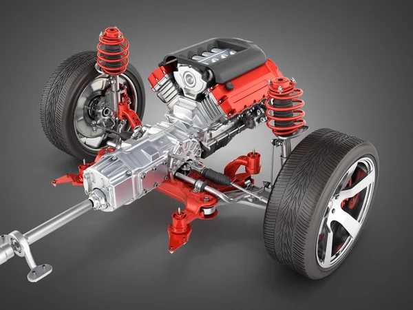 Süspansiyon arabanın ile tekerlek ve motor şasi üzerinde siyah degrade izole ayrıntılı arka plan 3d