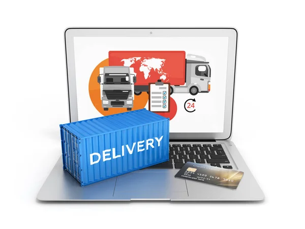 Delivery Concept Cargo Container Credit Card Placed Laptop Isolated White — Stock Photo, Image