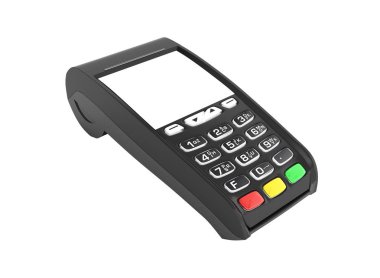 Beyaz arka plan 3d render gölge olmadan üzerinde terminal Pos terminal ile boş ekran kartı ödeme izole 
