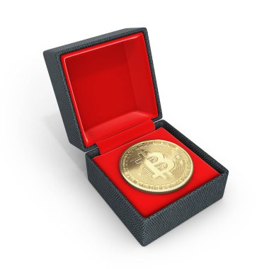 Beyaz arka plan 3d illustratio bir hediye kutusunda Bitcoin 3d izometrik fiziksel madeni para