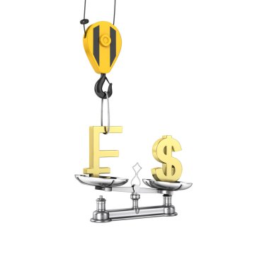 Döviz Kuru destek Doları vs euro kavramı vinç İsviçre frank yanaşıyor ve beyaz arka plan olmadan dolar düşürür gölge 3d