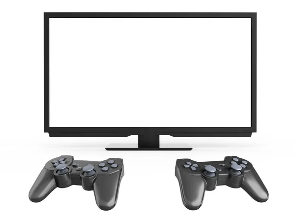控制台上的多人游戏概念在电视背景上的两个操纵杆的插图与 Emty 屏幕3D — 图库照片