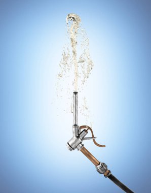 Retro yakıt meme pompası ateş bir jet benzin açınca mavi degrade arka plan 3d