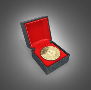 Bitcoin 3d izometrik fiziksel para degrade arka plan siyah 3d illustratio bir hediye kutusunda