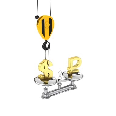Vinç dolar yanaşıyor ve düşürür Döviz Kuru destek Doları vs Rublesi kavramı Rublesi beyaz arka plan gölge olmadan 3d